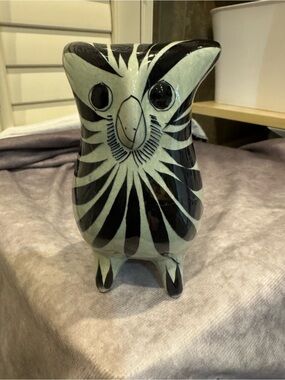 Mexican Tonala Handcrafted Black and Cream Owl Figurine - Decorative Home Accent